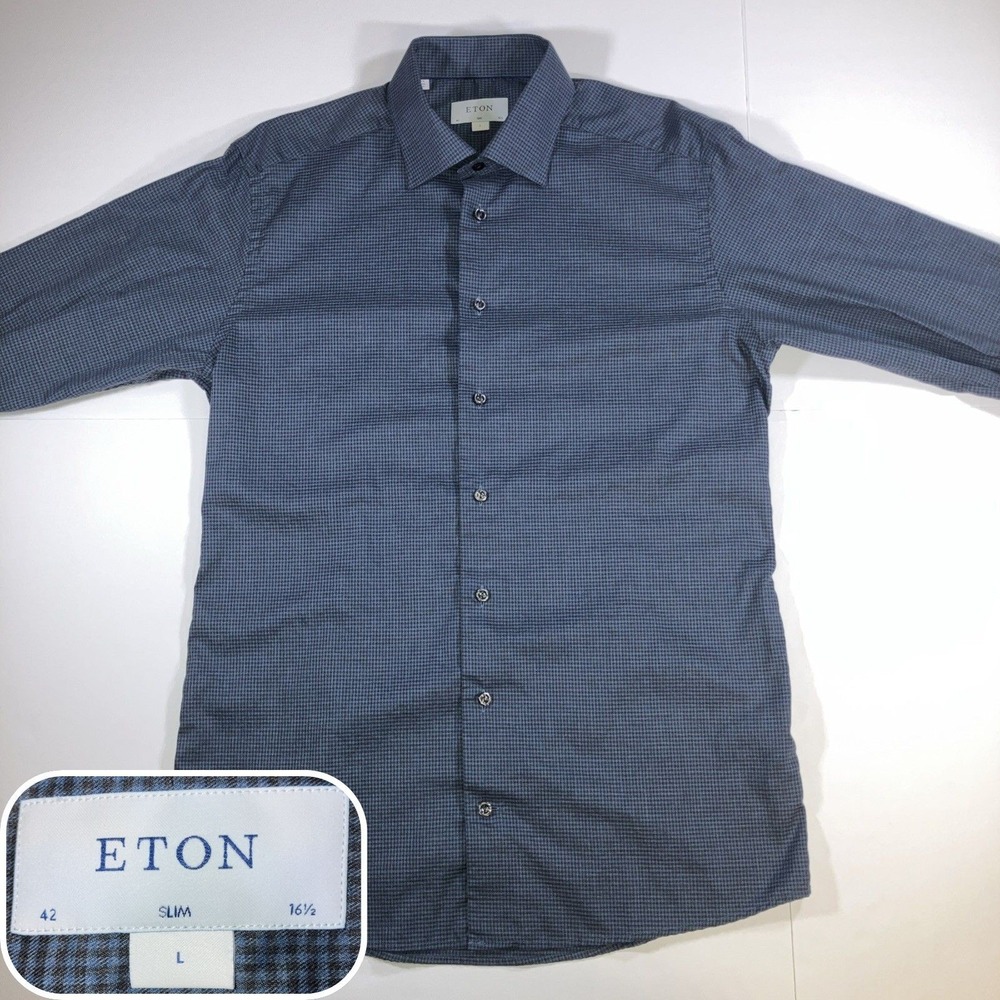 Eton Shirt Mens L 16.5 Blue Black Check Slim Fit Long Sleeve Cotton Button Up